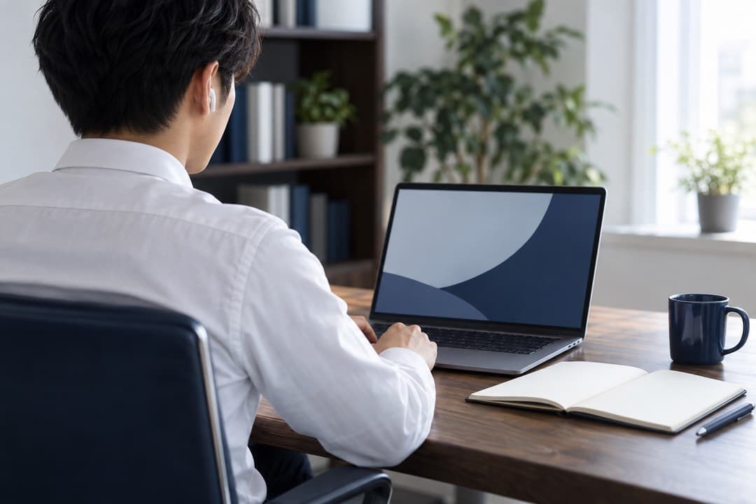 イヤホンを付けて、ノートPC でレッスンを受ける社会人(見本の写真・肩越し)