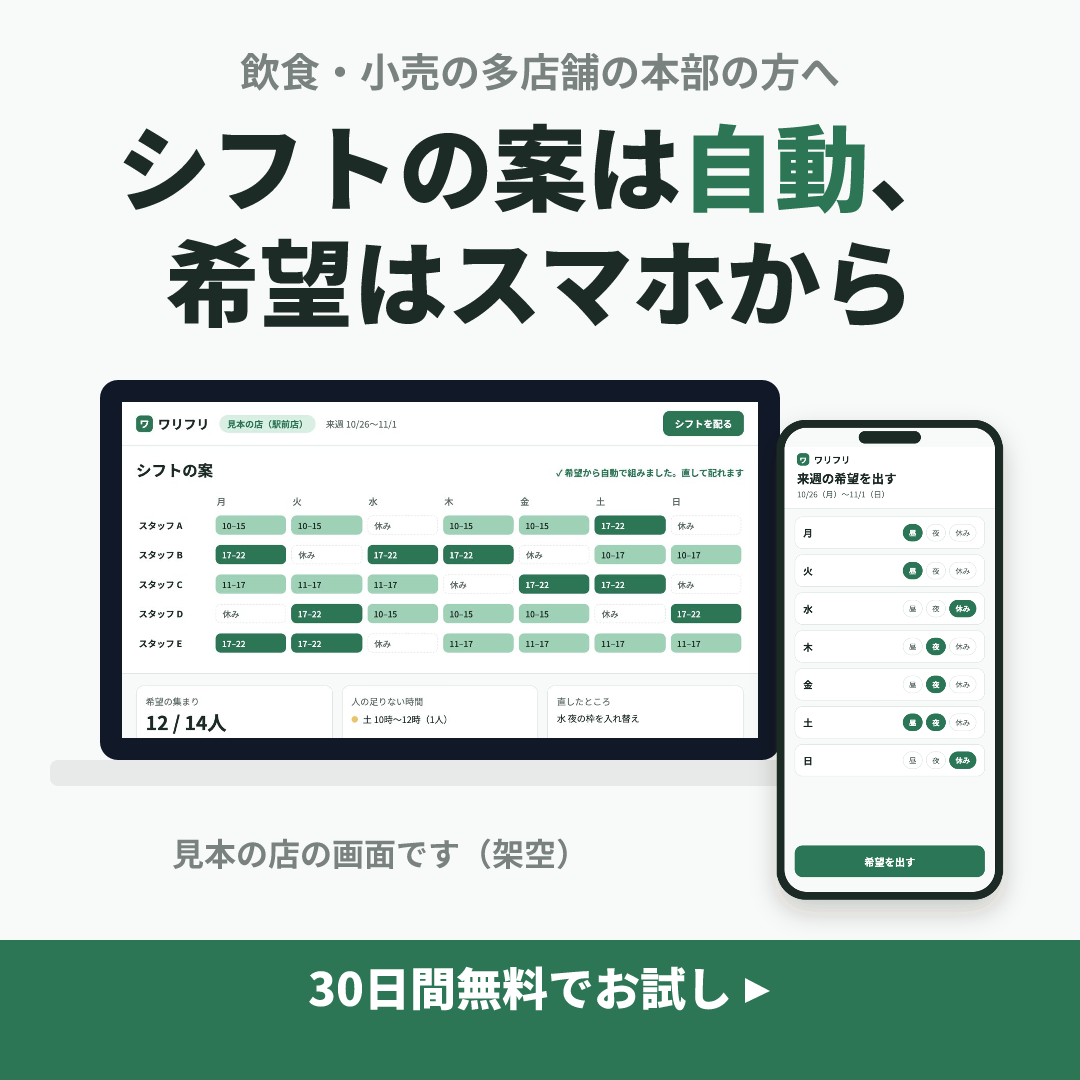 ワリフリの見本のクリエイティブ(画面を見て試す × PCとスマホの画面+お試しの帯):シフトの案は自動、希望はスマホから(1:1)