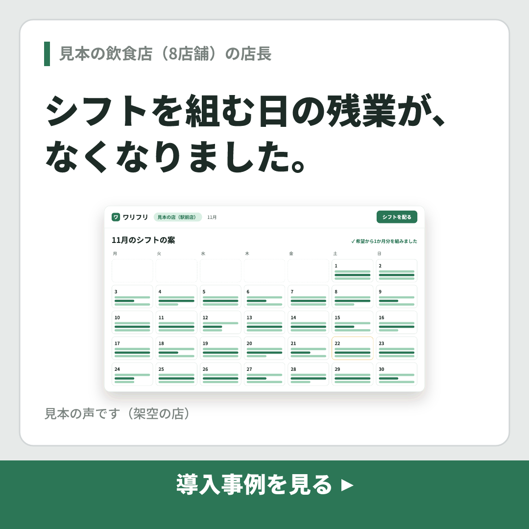 ワリフリの見本のクリエイティブ(導入した店の声 × 使った人の声のカード+画面)(1:1)